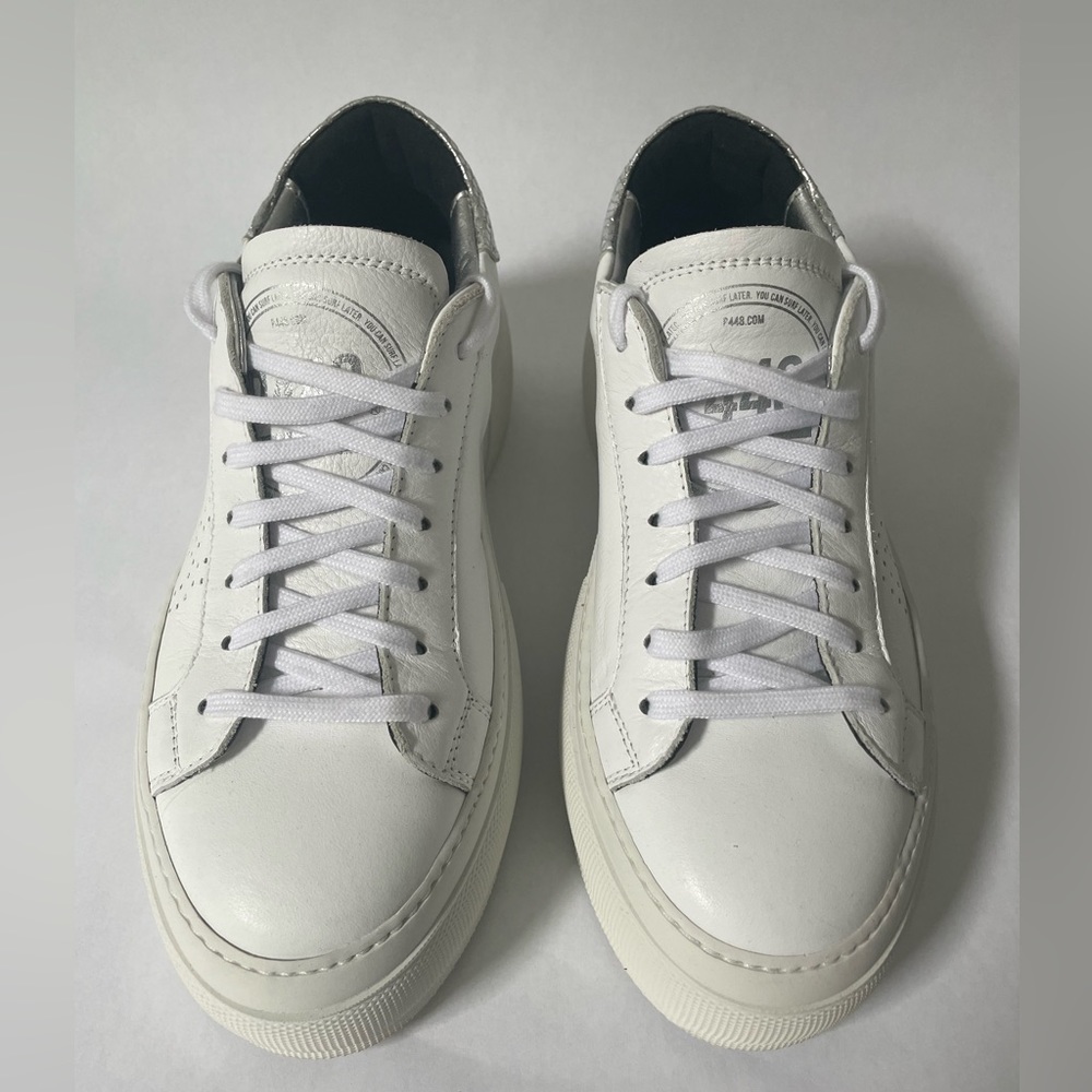 P448 Louise White Leather Silver Snake Embossed Platform Sneakers Size 39